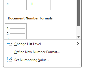 Define New Number Format option in Word